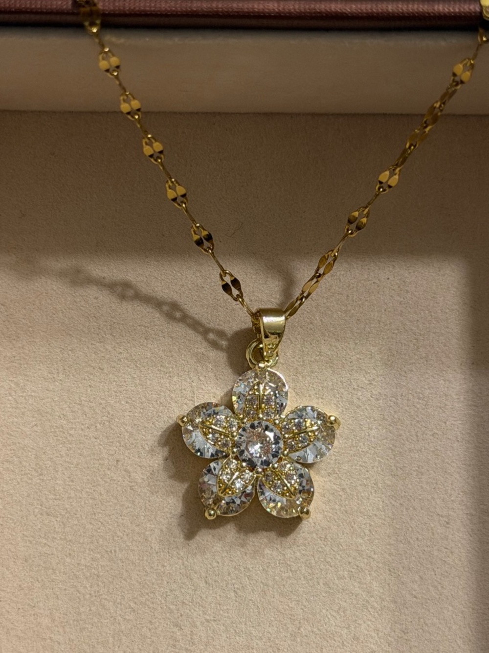 Golden Flower Zirconia Pendant Stainless Steel Stamped Necklace Chain.